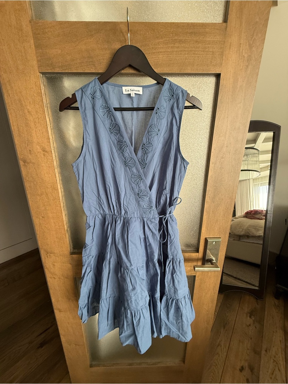 En Saison Dusty Blue Embroidered Wrap Mini Dress